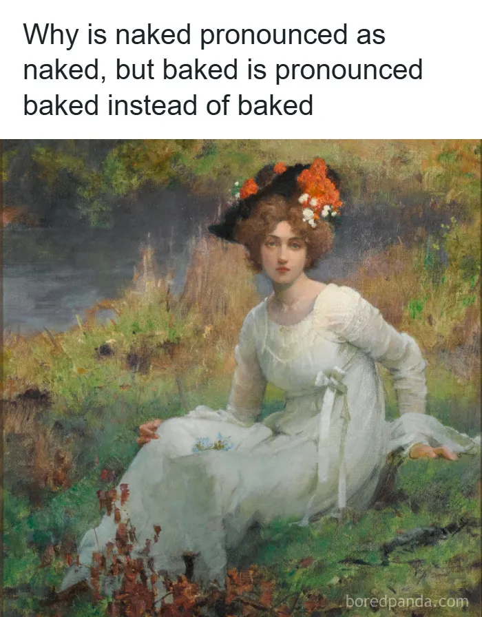 Classical painting of a woman in white dress with flowers, used in a funny meme caption about pronunciation quirks.
