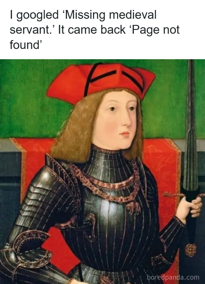Medieval knight in armor with a red hat holding a sword, featured in classical paintings cleverly captioned memes.
