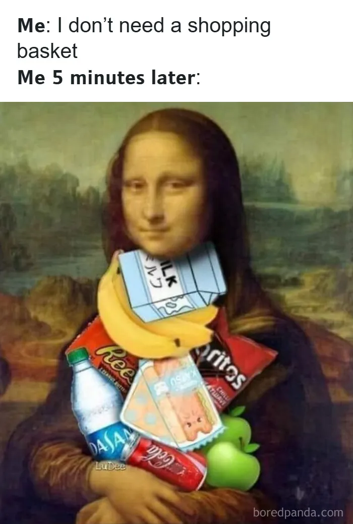 Mona Lisa from classical paintings humorously edited with snacks, creating funny memes using clever captions.