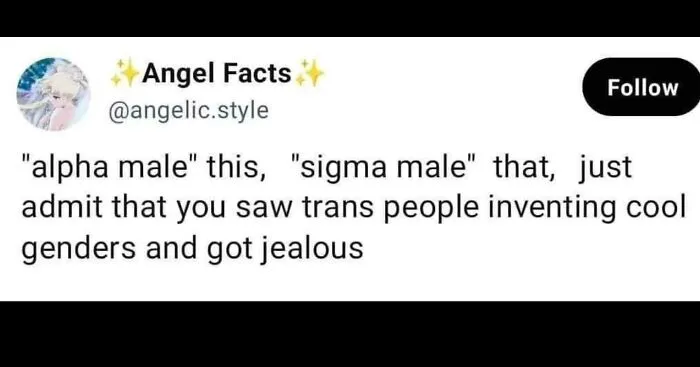 Meme from Fight The Patriarchy page about gender labels and trans people inventing cool genders, sparking jealousy.