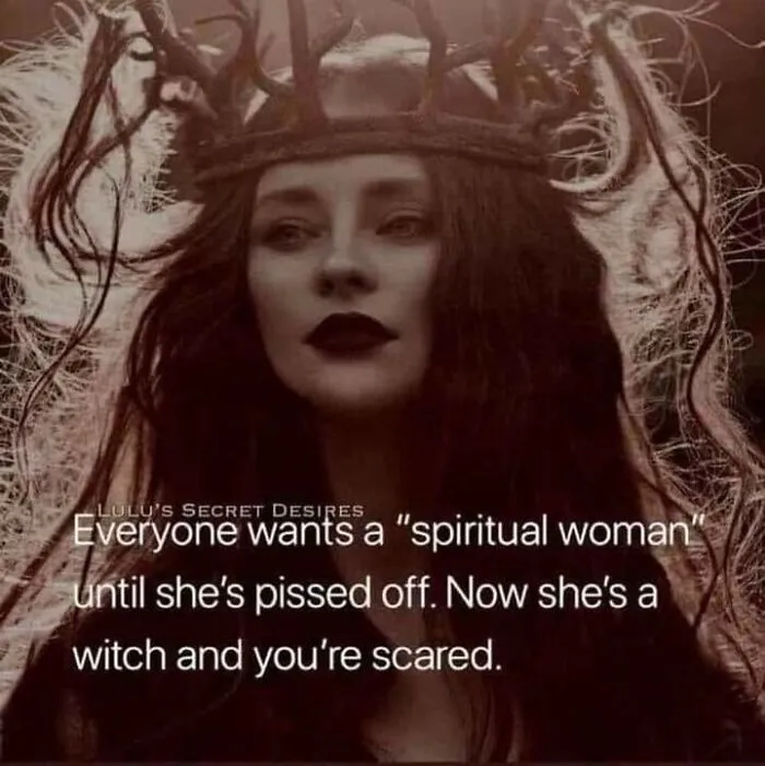 Woman with dark hair and crown with text about spiritual women and witches from fight the patriarchy page.