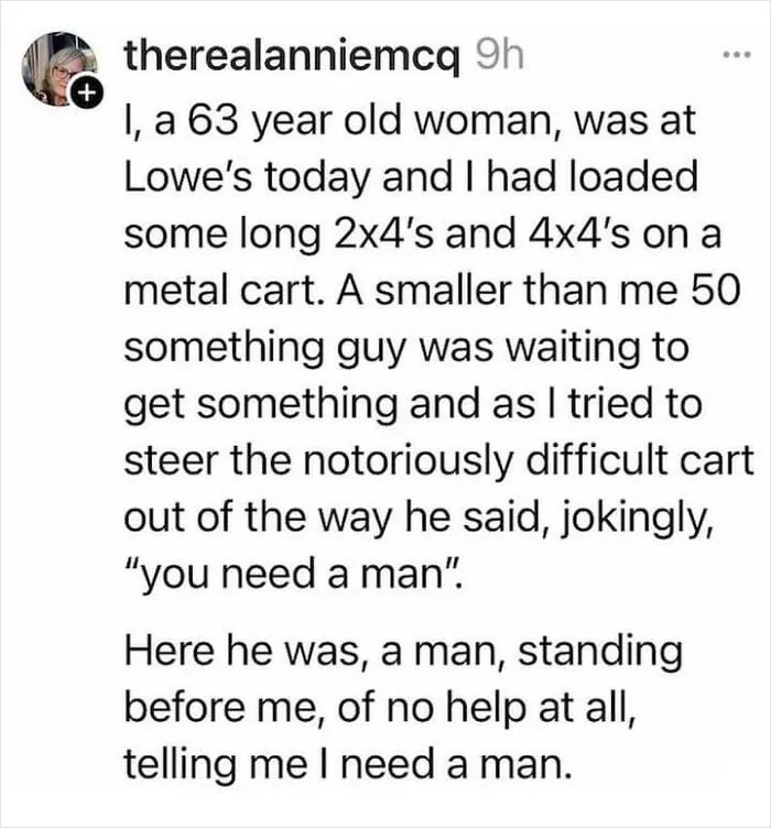 Text post from Fight The Patriarchy page sharing a truthful story about gender stereotypes and strength.