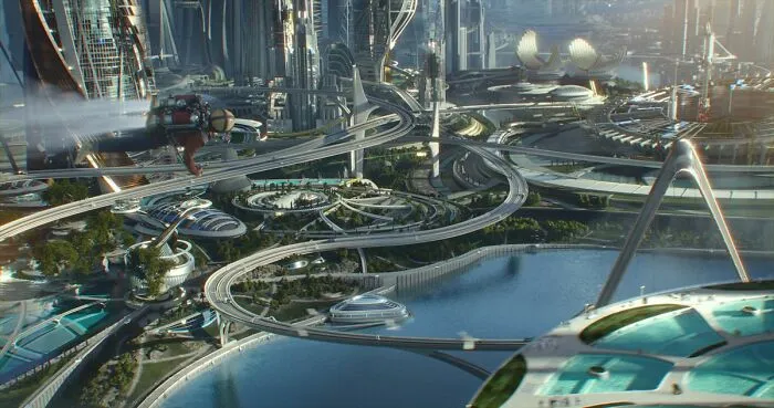 Futuristic cityscape showcasing a mysterious and magical imaginary world with advanced architecture and waterways.