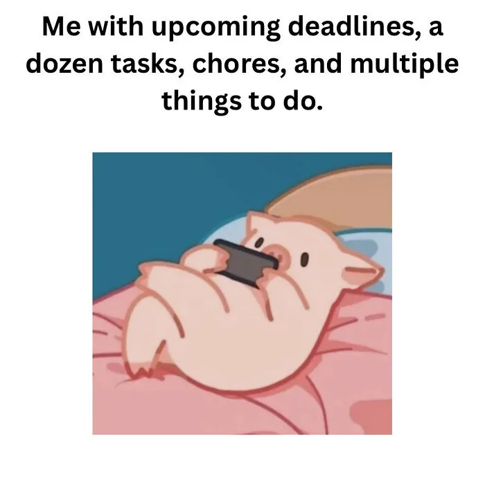 Cartoon pig lying on bed distracted by phone, illustrating relatable memes to help cope with anxiety and stress.