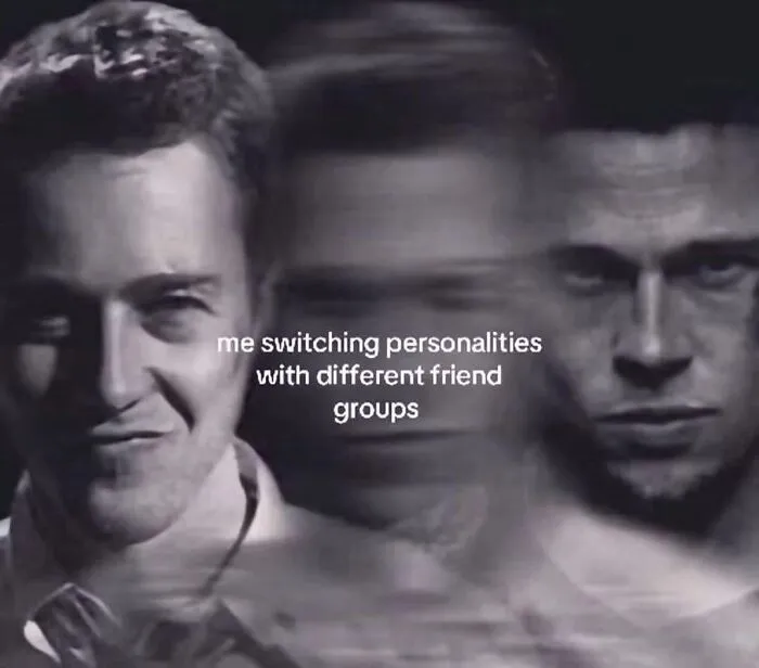 Black and white image of a man’s changing faces illustrating switching personalities, relatable memes about coping with anxiety.