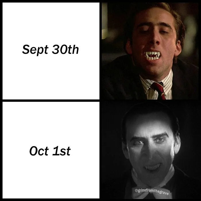 Split image meme with Nicolas Cage as a vampire, showing spooky transformation for horror movie memes in early October.