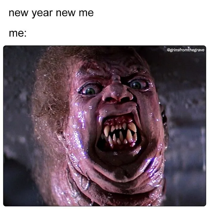 Close-up of a grotesque horror movie monster with sharp teeth, representing a hilarious horror movie meme.