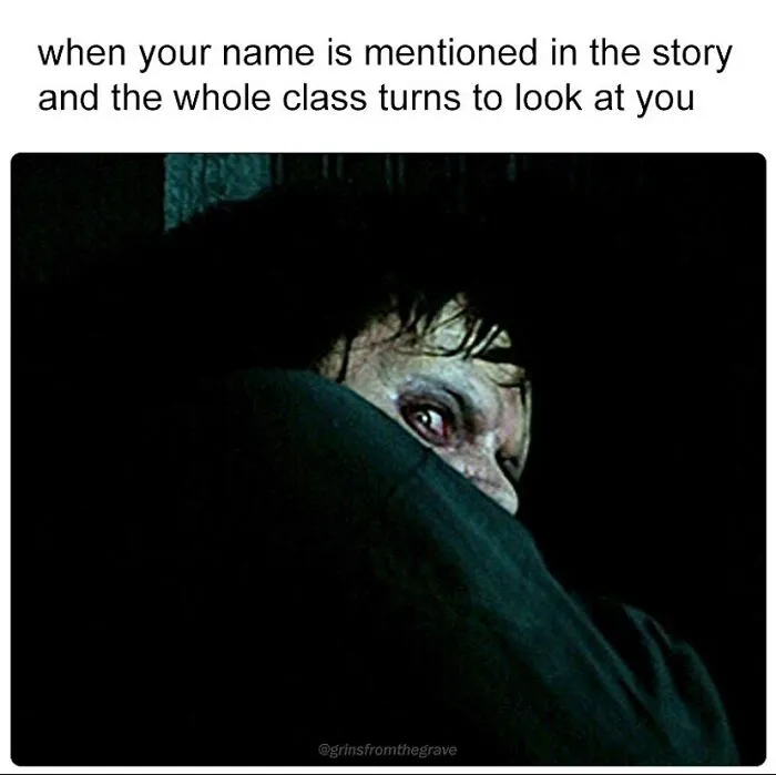 Hilarious horror movie meme showing a scared character peeking from behind someone in a dark setting.