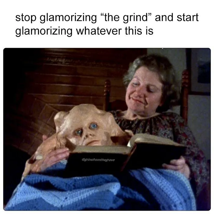 Elderly woman reading a book to a strange creature, illustrating hilarious horror movie memes about unusual comforting moments.