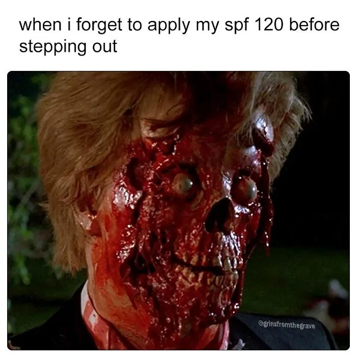 Hilarious horror movie meme showing a gruesome melted face character highlighting scary effects and dark humor.