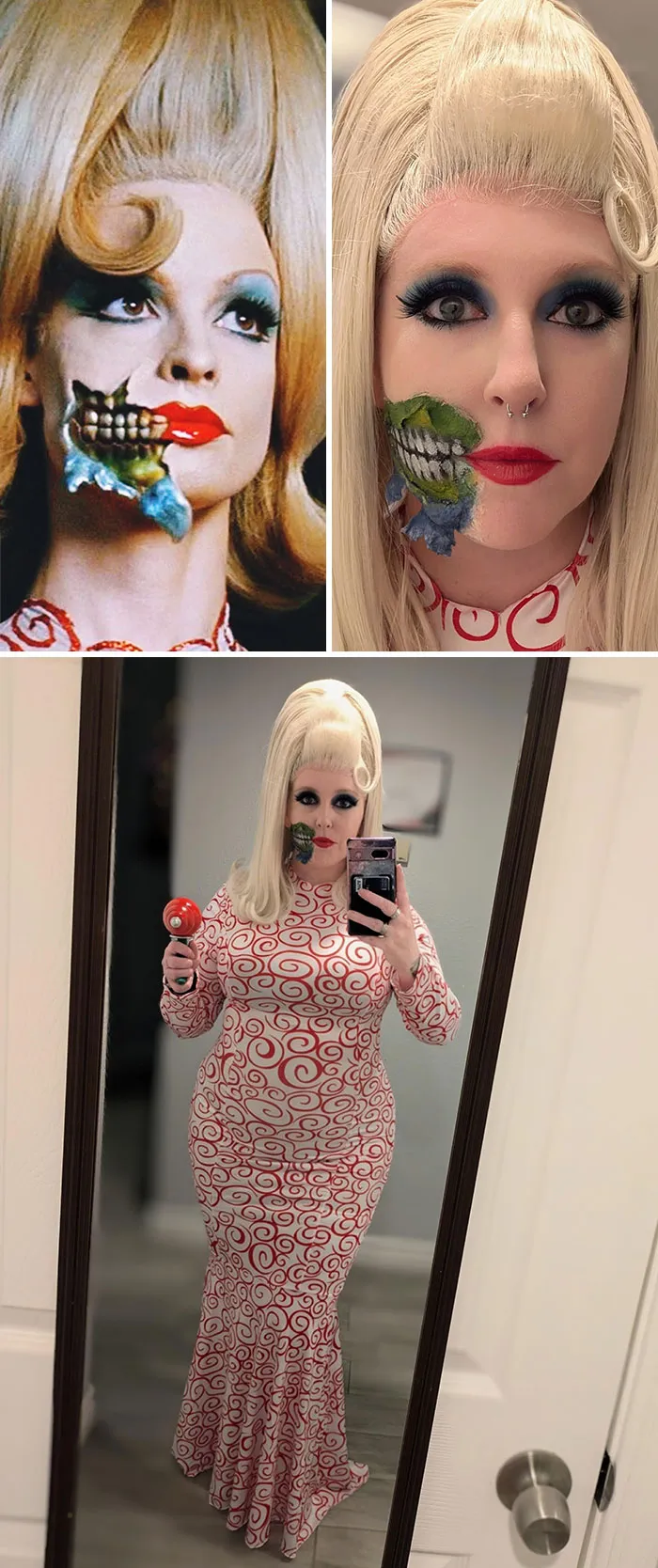 Person recreating a genius Halloween costume with blonde beehive hair and half-face zombie makeup holding a red prop.