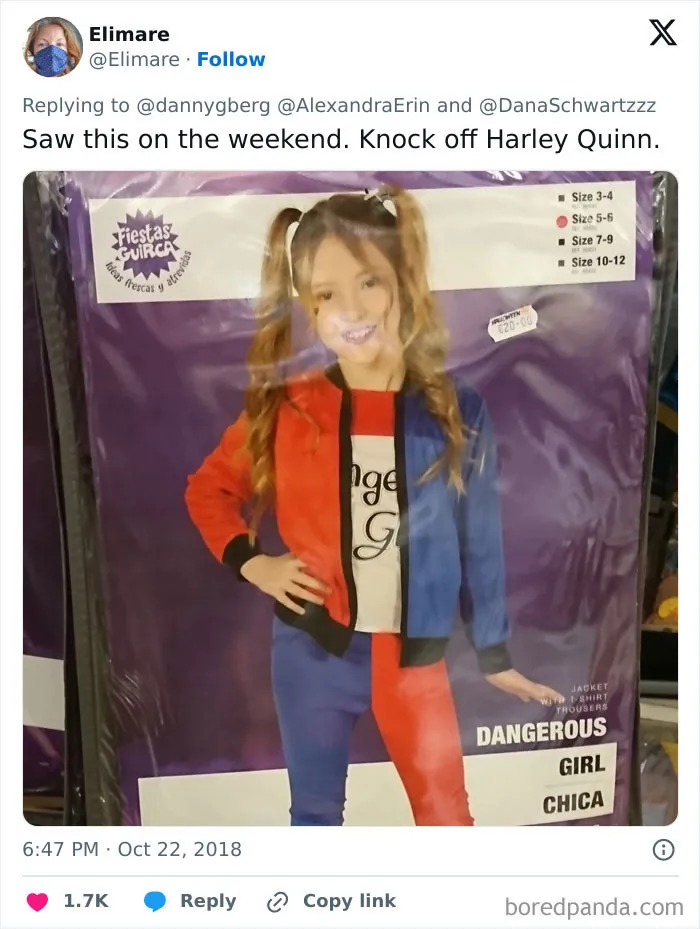 Child wearing an off-brand Halloween costume inspired by Harley Quinn in a red and blue jacket and pants.