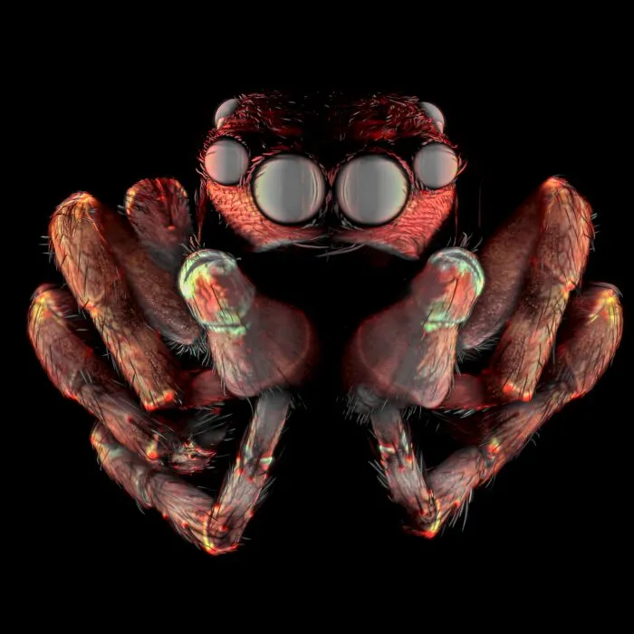 Close-up microscopic image of a spider showcasing intricate details in the 2025 Nikon Small World photomicrography contest.