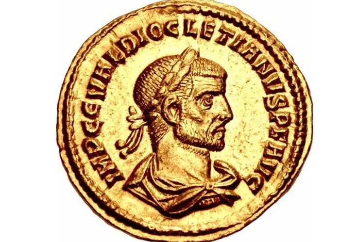Ancient gold coin featuring a detailed profile bust with inscriptions around the edge, showcasing historical artistry.