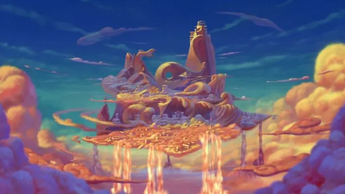 Floating magical imaginary world above clouds with glowing waterfalls and a tall lighthouse at sunset.