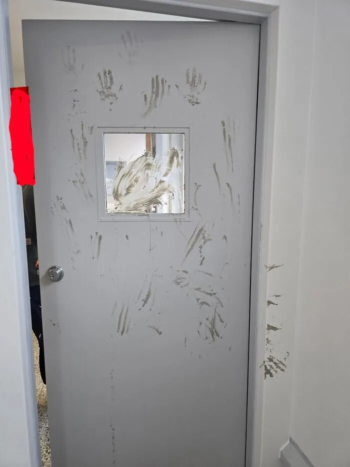Gray medical door with dirty handprints and smudges, creating a deeply unsettling and fascinating visual effect.