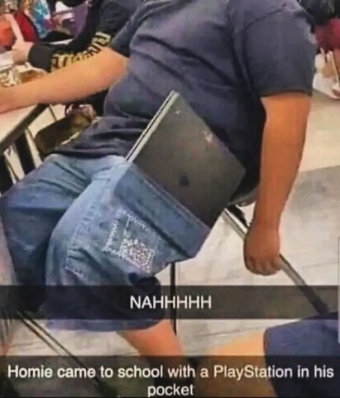 Person sitting with a PlayStation tucked into their pocket, illustrating unhinged memes for late night posts that hit different at 3AM.