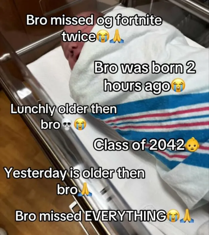 Newborn baby wrapped in hospital blanket with meme text about missing Fortnite and late-night posts that hit different at 3AM.
