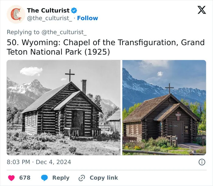 Chapel of the Transfiguration, a striking church in Grand Teton National Park, Wyoming, set against mountain scenery.