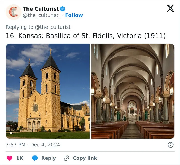 Basilica of St. Fidelis in Kansas with twin towers and detailed interior architecture of a striking church in the US.