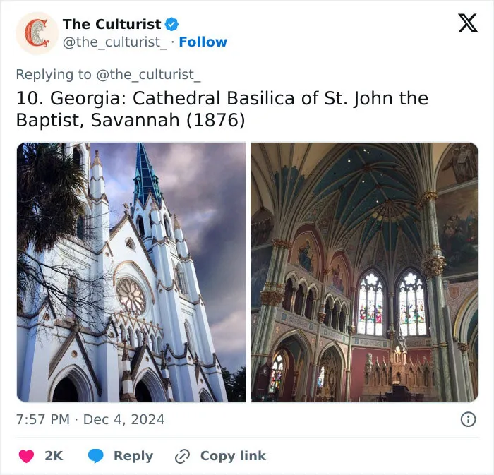 Exterior and interior views of the Cathedral Basilica of St. John the Baptist, a beautiful and striking church in Georgia, USA.