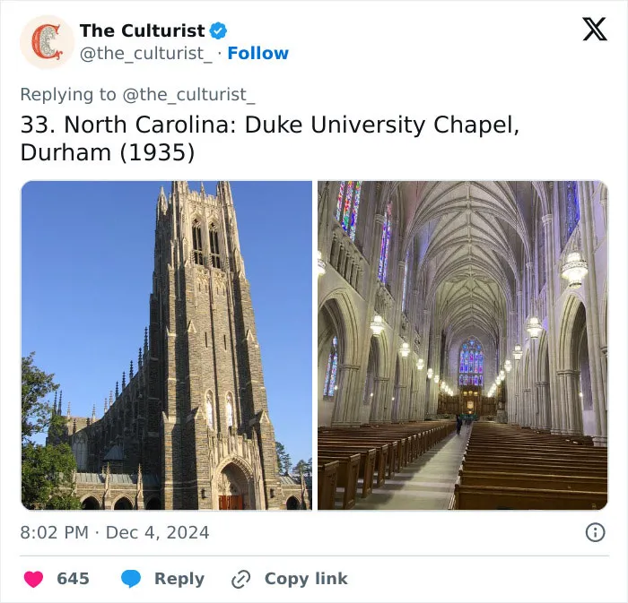Tall Gothic-style Duke University Chapel exterior and interior with vaulted ceilings and stained glass, a striking church in North Carolina.