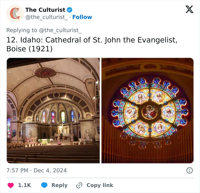 Interior view of Cathedral of St. John the Evangelist in Boise, showcasing beautiful stained glass and architecture in a striking church.