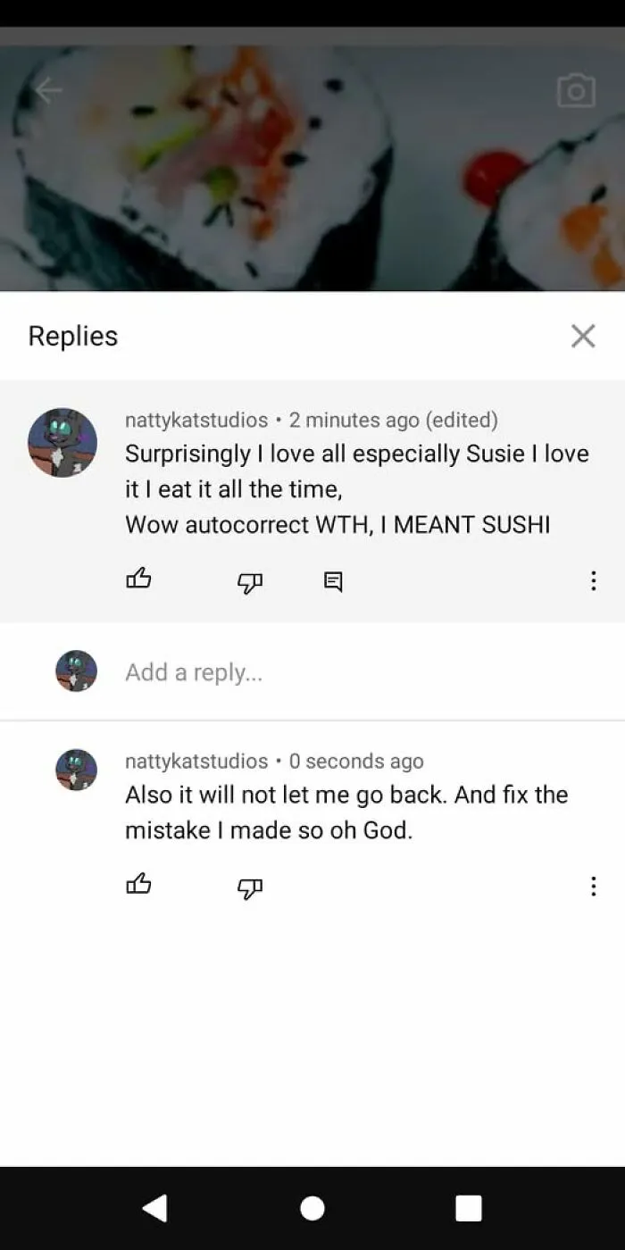 YouTube comments showing autocorrect error with sushi spelled as Susie, illustrating funny autocorrect mistakes.