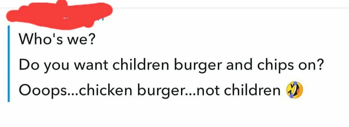 Text message showing a funny autocorrect mistake changing children burger to chicken burger with laughing emoji.