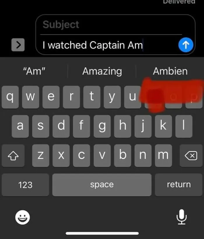 Text message keyboard showing an autocorrect suggestion that changed "Captain Am" to multiple unrelated words, illustrating autocorrect errors.