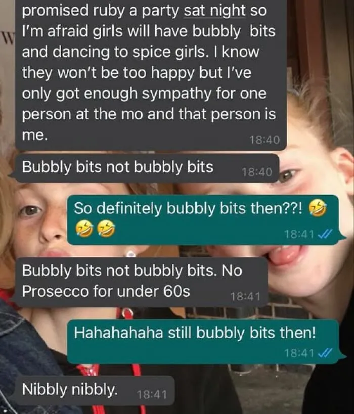 Text message exchange showing autocorrect errors with funny phrases like bubbly bits and nibbly nibbly, highlighting autocorrect fails.