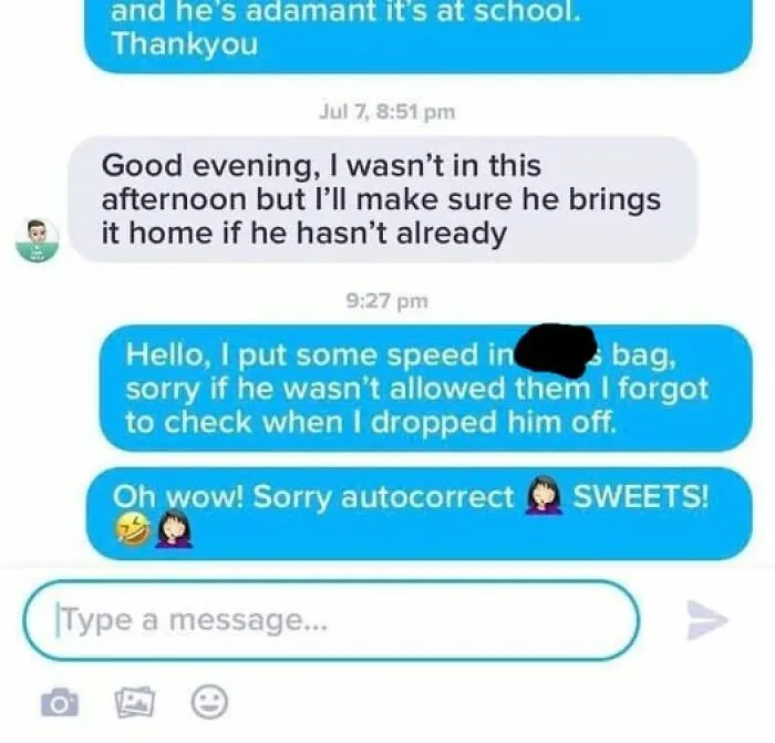 Text message conversation showing an autocorrect fail where speed was meant to be sweets causing confusion.