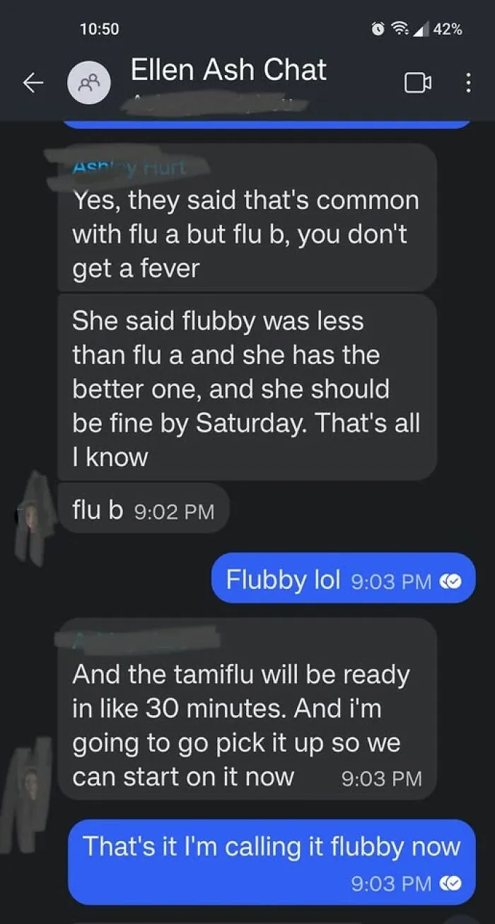 Text message conversation showing autocorrect changing flu B to flubby in a humorous chat about illness and medication.