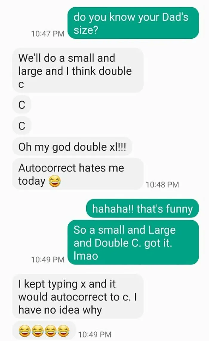 Text conversation showing autocorrect errors changing "x" to "c," causing funny misunderstandings about clothing sizes.
