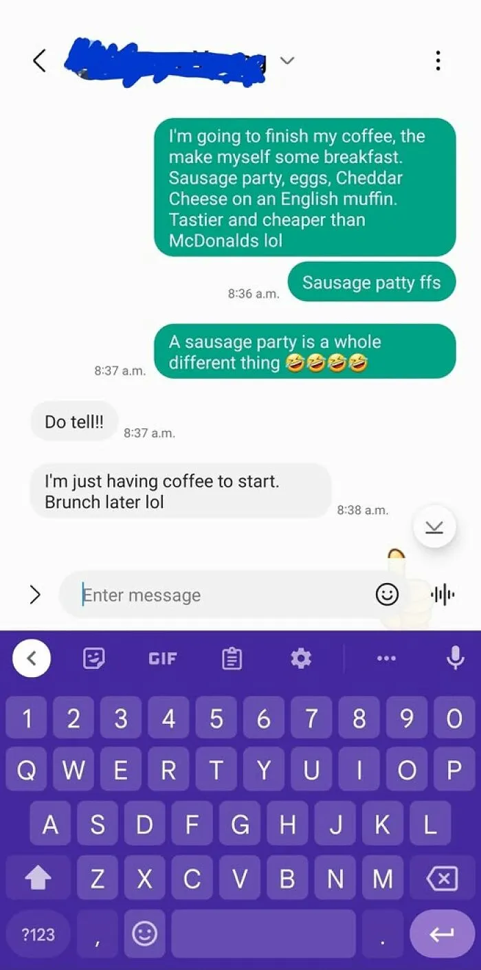 Text message showing an autocorrect fail where sausage patty was mistakenly typed as sausage party leading to a funny conversation.