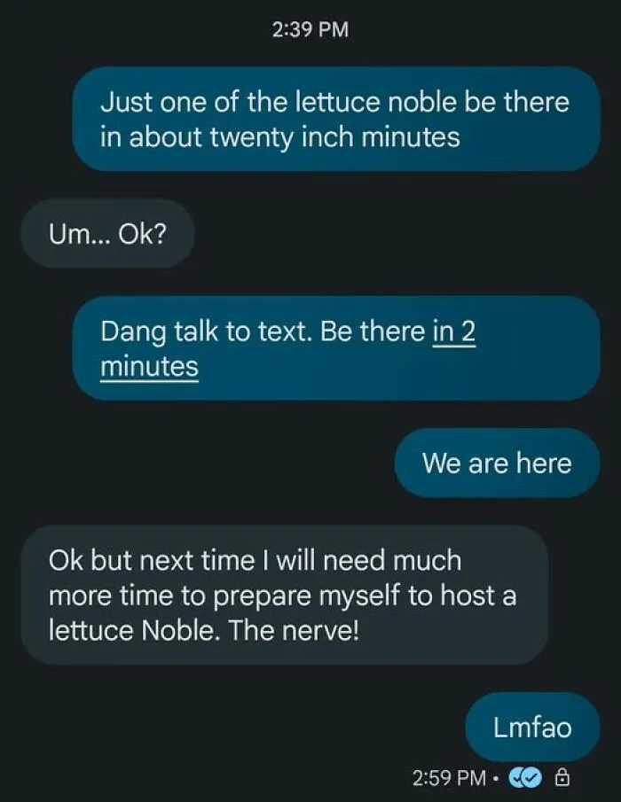 This Is By Far The Best Text To Talk Fail I've Ever Had. I Went To Say, "Just To Let You Know, I'll Be There In Twenty Ish Minutes"