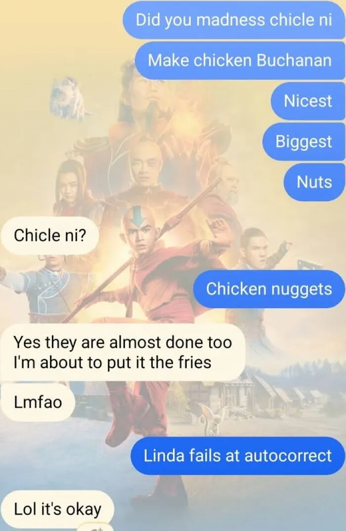 Text message conversation showing autocorrect errors with words like chicken nuggets and fries causing humorous confusion.