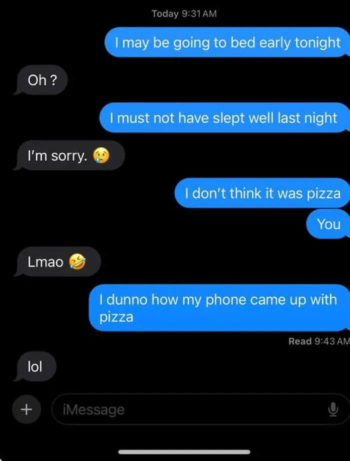 Text message conversation showing a humorous autocorrect fail where pizza is mistakenly typed instead of a word.