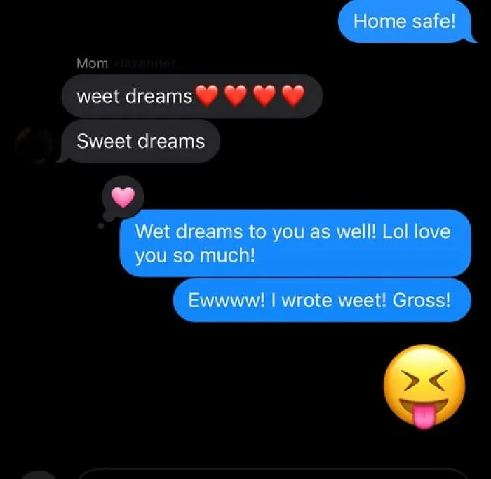Text message conversation showing an autocorrect fail where sweet dreams is mistakenly typed as weet dreams.