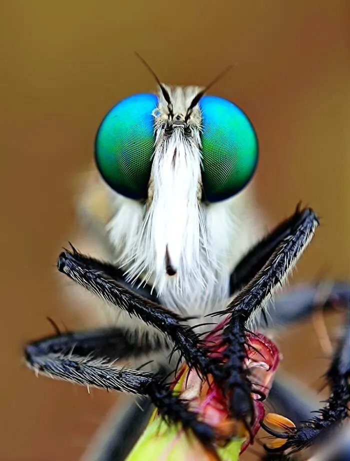 Macro photo of a tiny insect with vibrant blue compound eyes revealing a hidden world of tiny creatures.