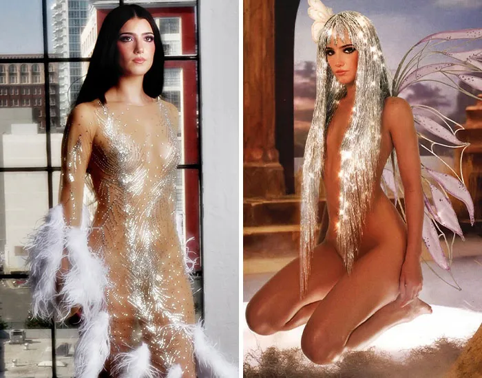 Two celebrities wearing dazzling Halloween costumes featuring sparkling details and creative designs, showcasing top celebrity Halloween looks.
