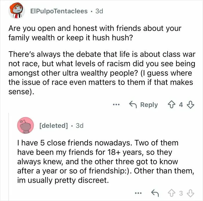 Screenshot of a Reddit AMA discussing family wealth, ultra-privileged lifestyle, and social discretion among wealthy friends.