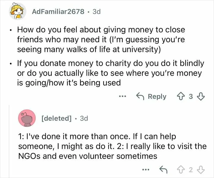 Screenshot of a Q&A discussing giving money to friends and charity from a person who grew up ultra-privileged and isolated.