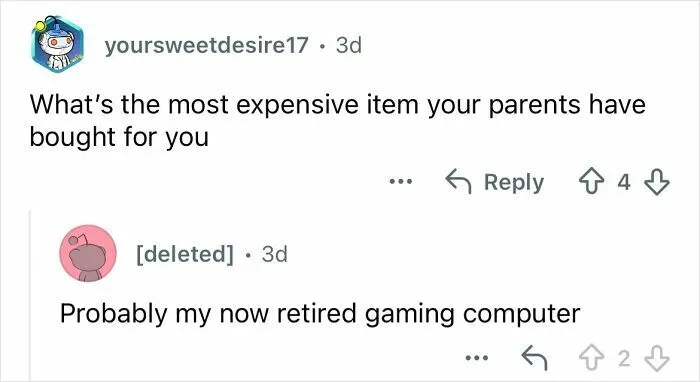 Reddit AMA exchange about growing up ultra-privileged, discussing the most expensive item from wealthy parents.
