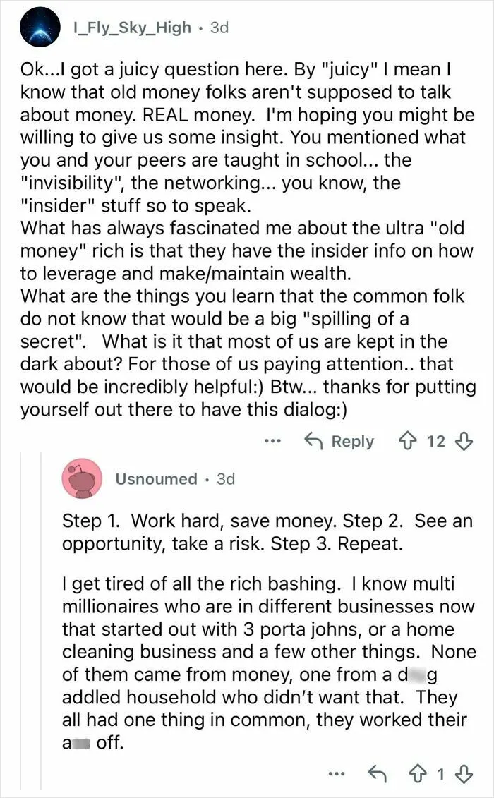 Screenshot of an online discussion about insider knowledge of ultra-privileged wealthy family wealth and secrets.