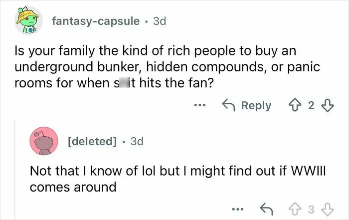 Reddit user discusses wealthy family lifestyle, mentioning underground bunkers and isolation in an ultra-privileged setting.