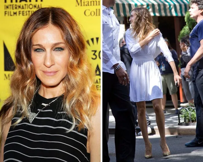 Fashion icon Sarah Jessica Parker with wavy hair and stylish looks influencing fashion trends globally.
