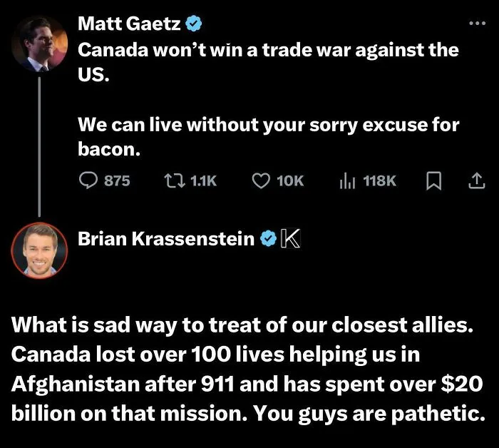 Tweet exchange roasting America by Canada, highlighting trade war and Canada’s support in Afghanistan with strong criticism.
