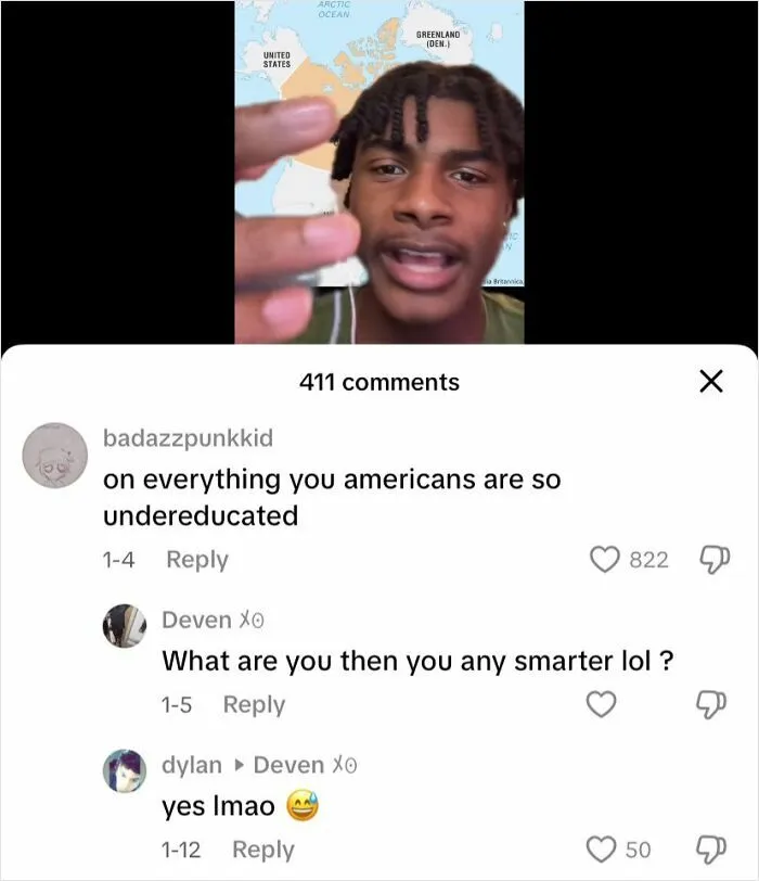 Young man speaking in front of a map, with comments roasting America, highlighting Canada roasted America moments.