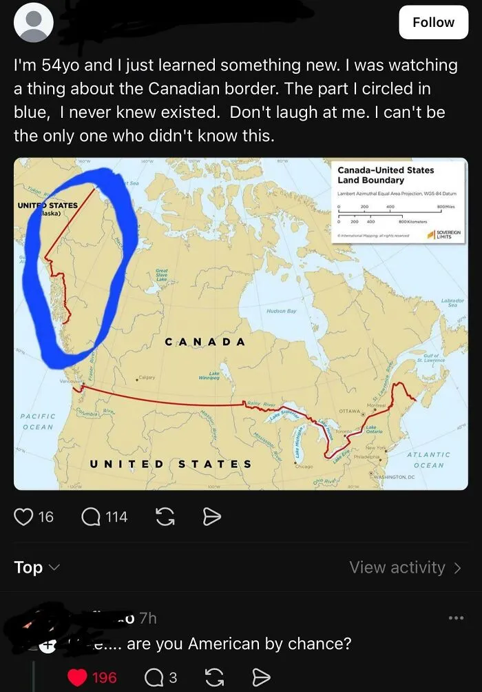 Twitter post with map showing Canadian and US border with a blue circle highlighting Alaska region in Canada roasted America context